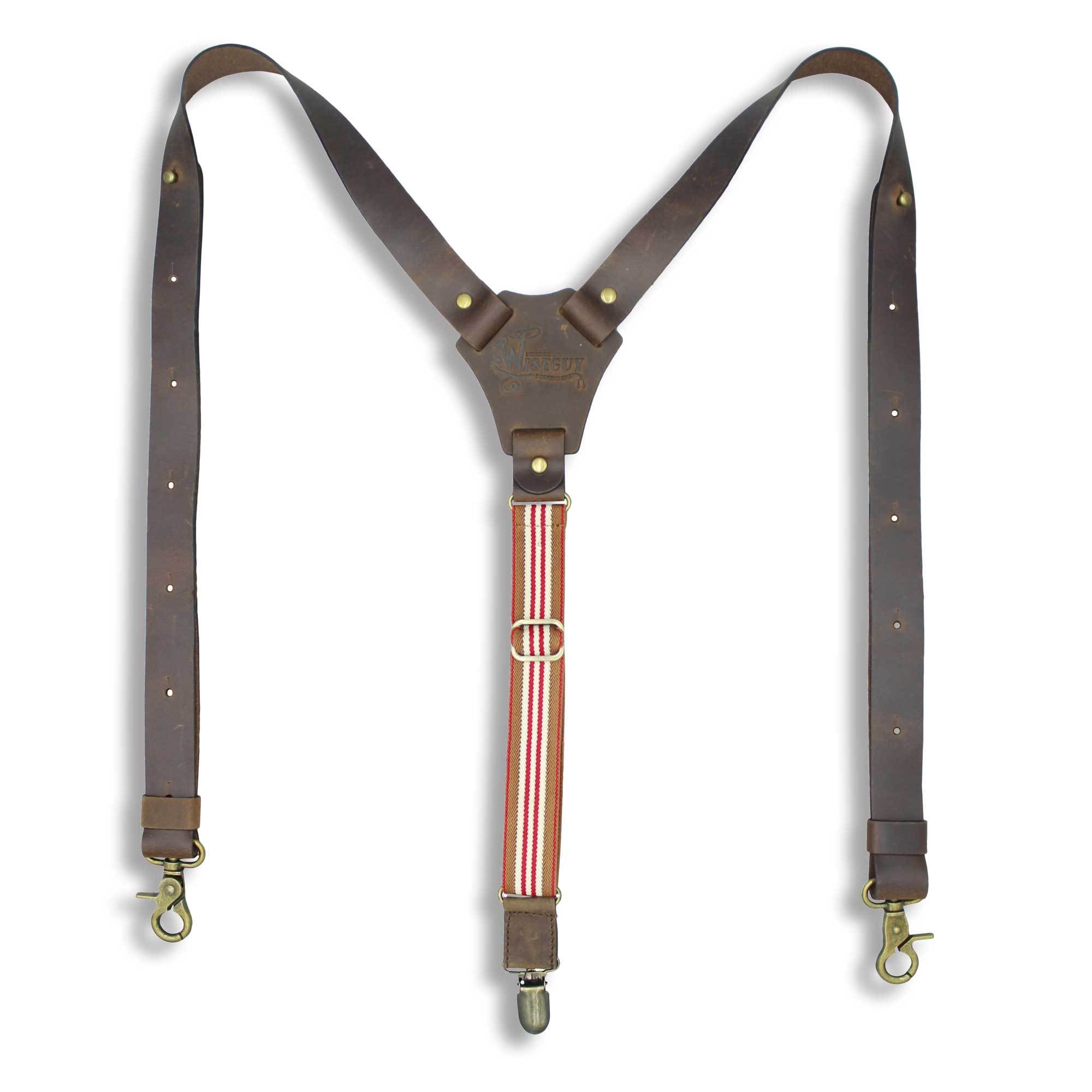 Flex Dark Brown Leather Braces with Monaco striped Elastic Back Strap - Wiseguy Suspenders